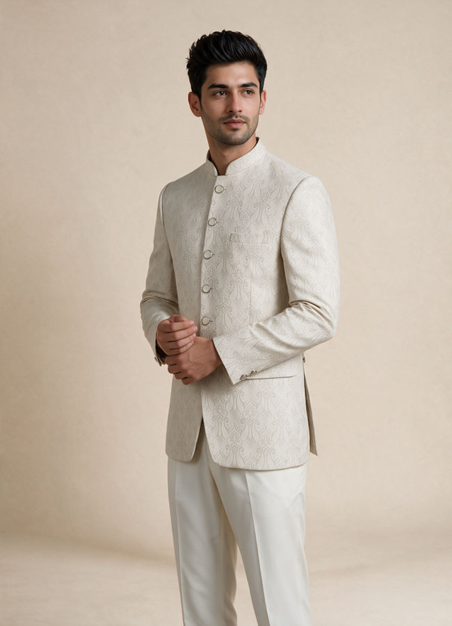 Manyavar Men Cream Brocade Jodhpuri Suit with Embroidery