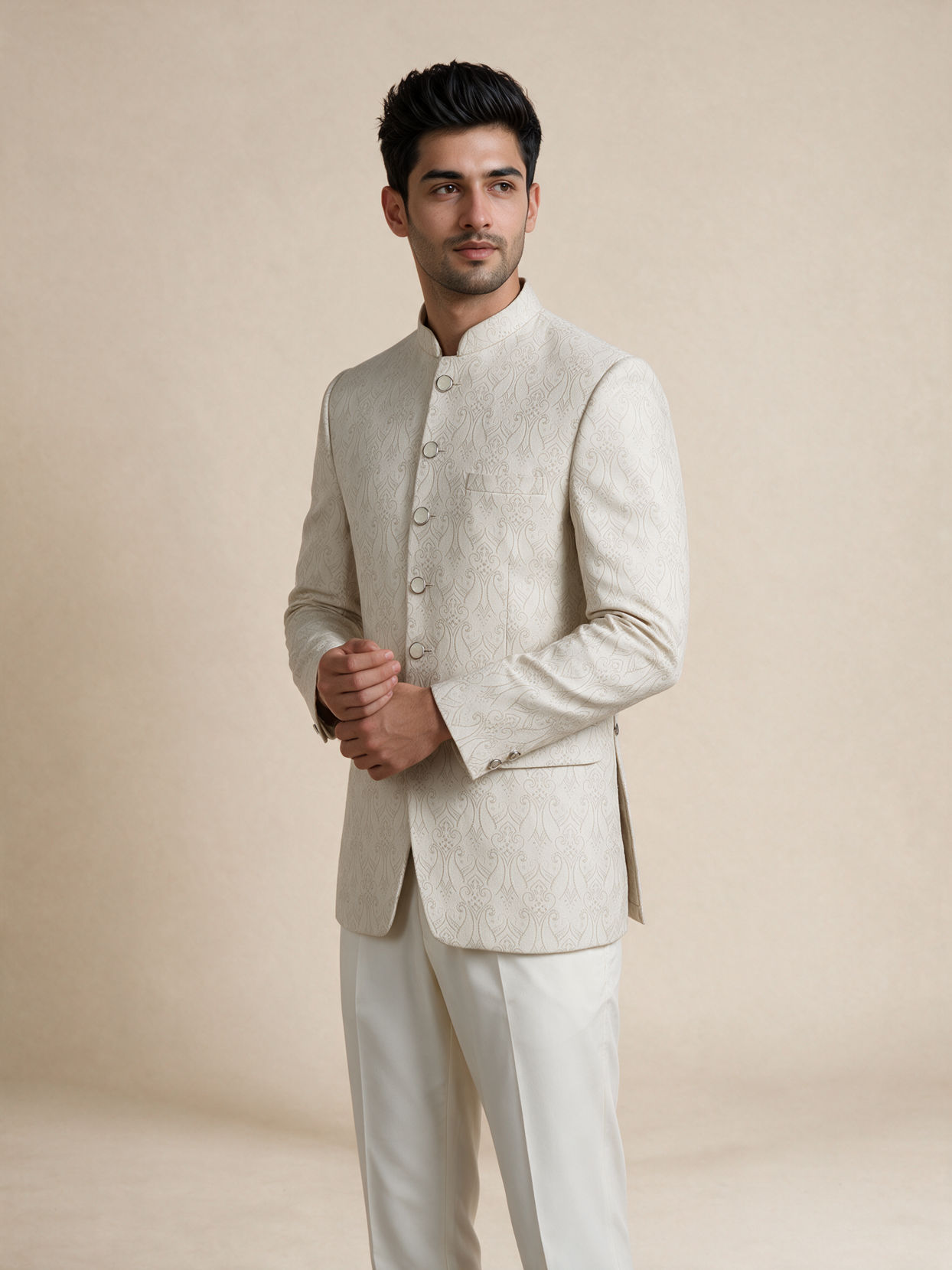 Manyavar Men Cream Brocade Jodhpuri Suit with Embroidery