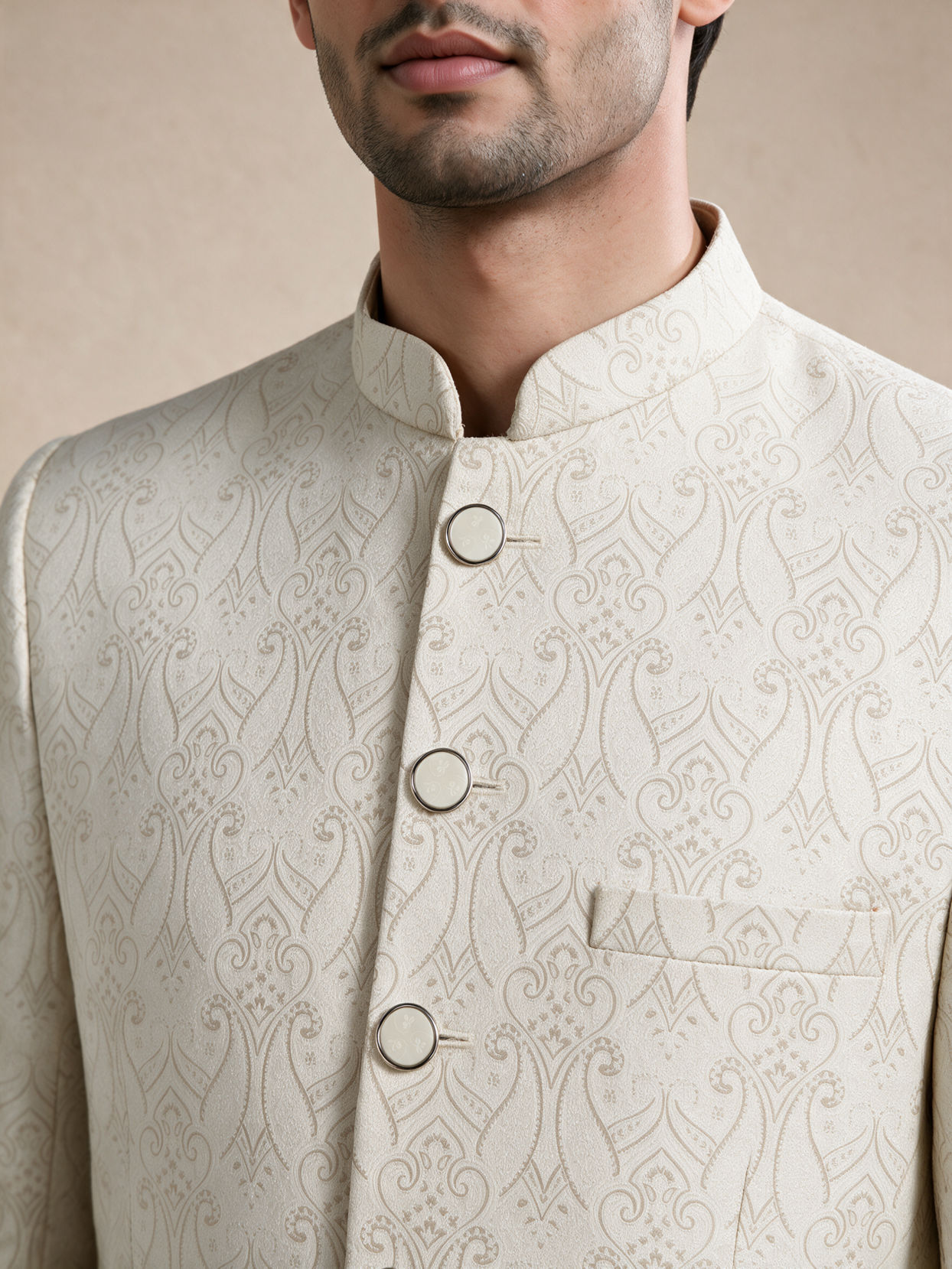 Manyavar Men Cream Brocade Jodhpuri Suit with Embroidery