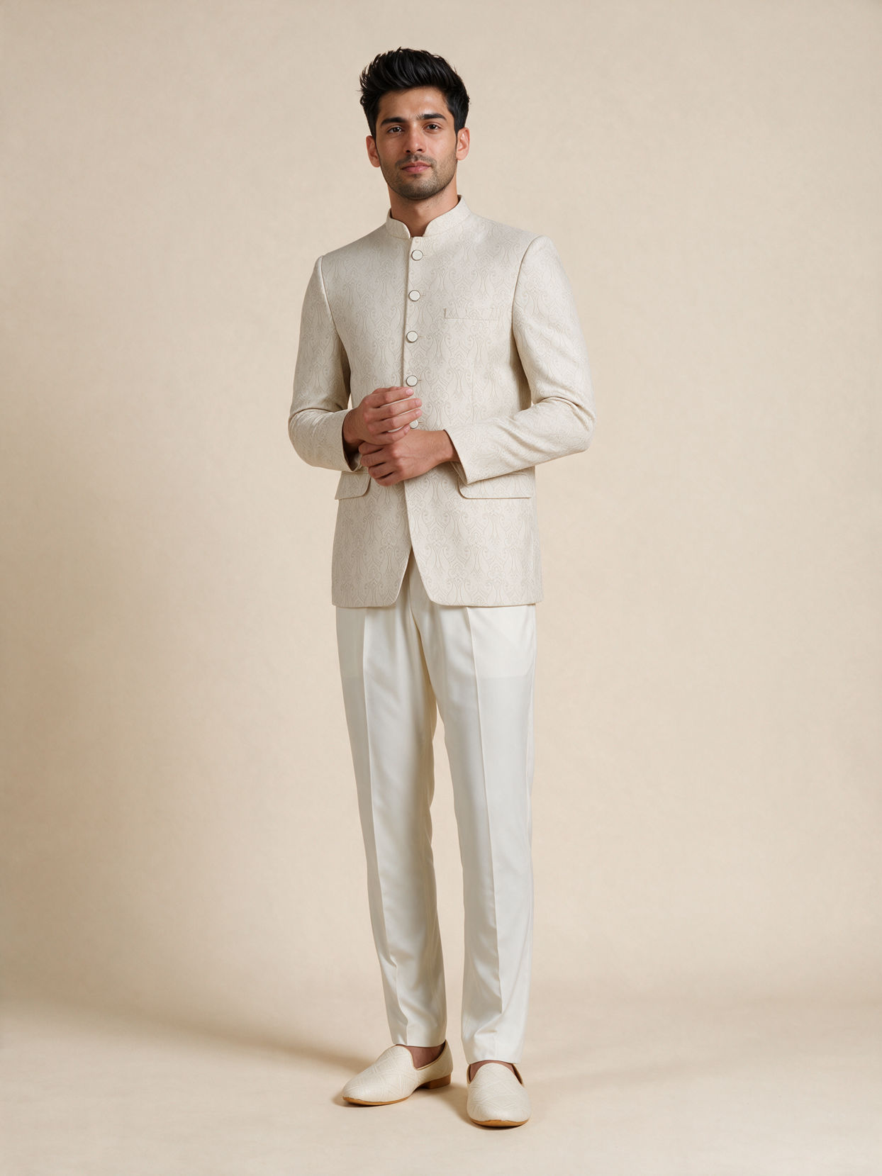 Manyavar Men Cream Brocade Jodhpuri Suit with Embroidery