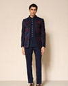 Manyavar Men Dark Blue Velvet Jodhpuri Suit with Embroidery