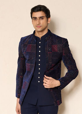Manyavar Men Dark Blue Velvet Jodhpuri Suit with Embroidery