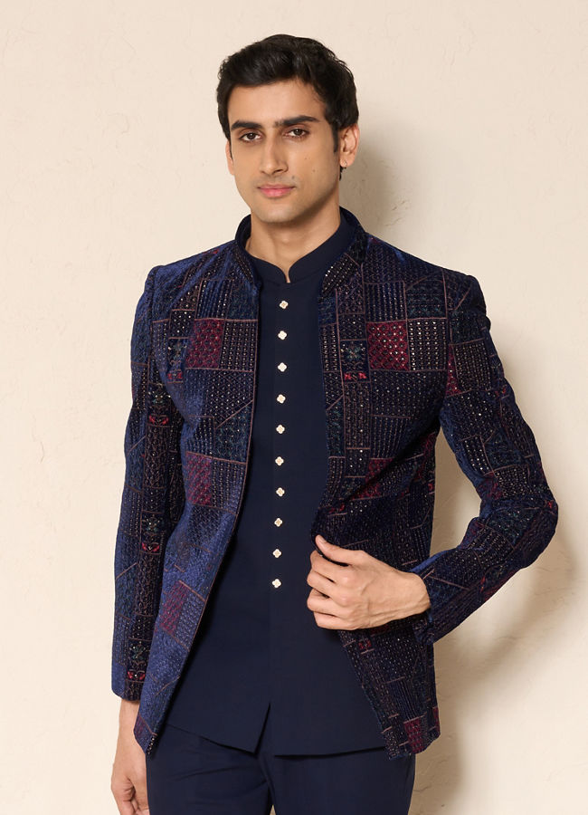 Manyavar Men Dark Blue Velvet Jodhpuri Suit with Embroidery