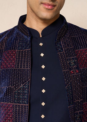 Manyavar Men Dark Blue Velvet Jodhpuri Suit with Embroidery