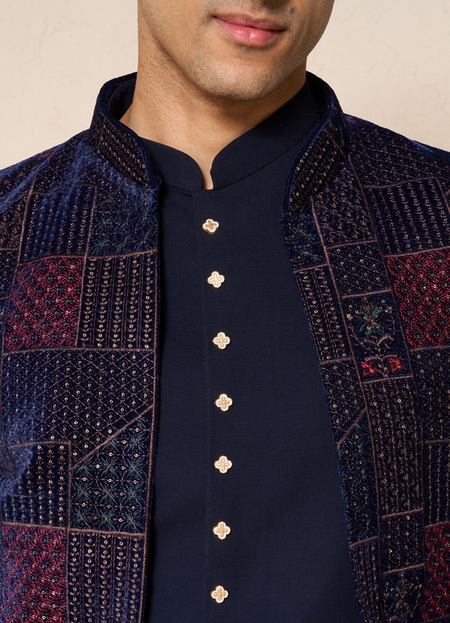 Manyavar Men Dark Blue Velvet Jodhpuri Suit with Embroidery