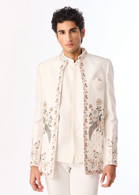 Manyavar Men White Blended Rayon Jodhpuri Suit with Embroidery