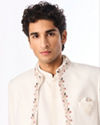 Manyavar Men White Blended Rayon Jodhpuri Suit with Embroidery