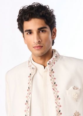 Manyavar Men White Blended Rayon Jodhpuri Suit with Embroidery