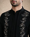 Manyavar Men Black Blended Rayon Jodhpuri Suit with Embroidered Detail