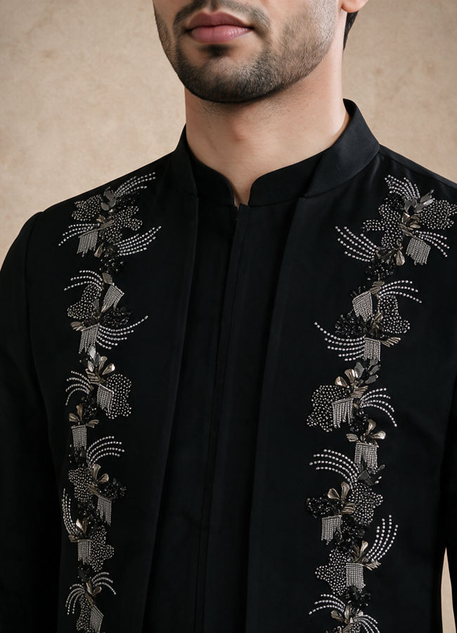 Manyavar Men Black Blended Rayon Jodhpuri Suit with Embroidered Detail