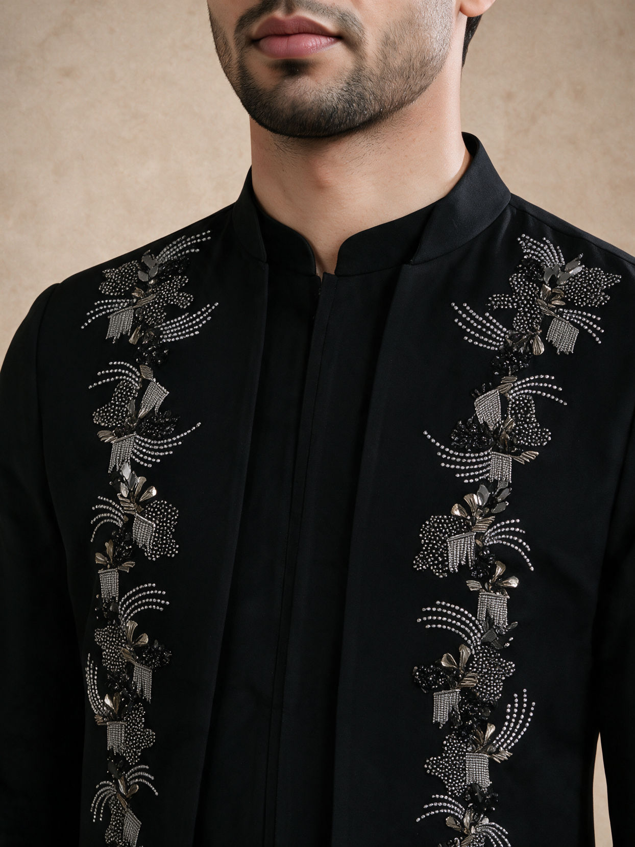 Manyavar Men Black Blended Rayon Jodhpuri Suit with Embroidered Detail