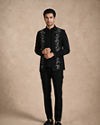 Manyavar Men Black Blended Rayon Jodhpuri Suit with Embroidered Detail