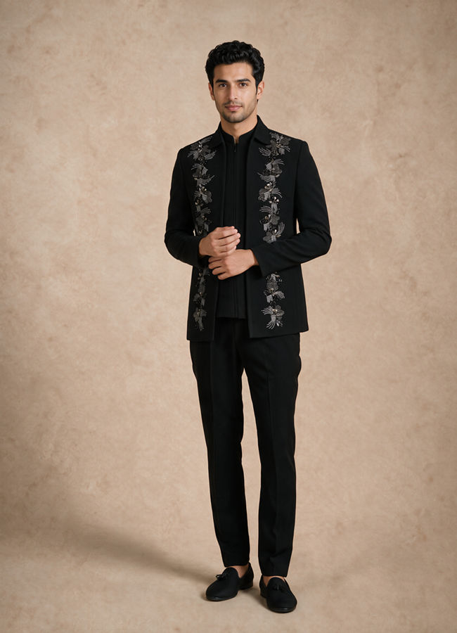 Manyavar Men Black Blended Rayon Jodhpuri Suit with Embroidered Detail