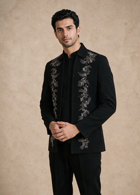 Manyavar Men Black Blended Rayon Jodhpuri Suit with Embroidered Detail