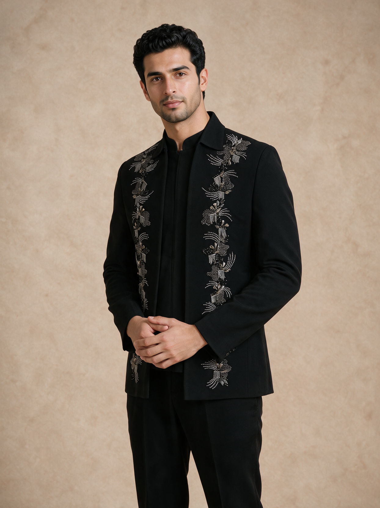Manyavar Men Black Blended Rayon Jodhpuri Suit with Embroidered Detail