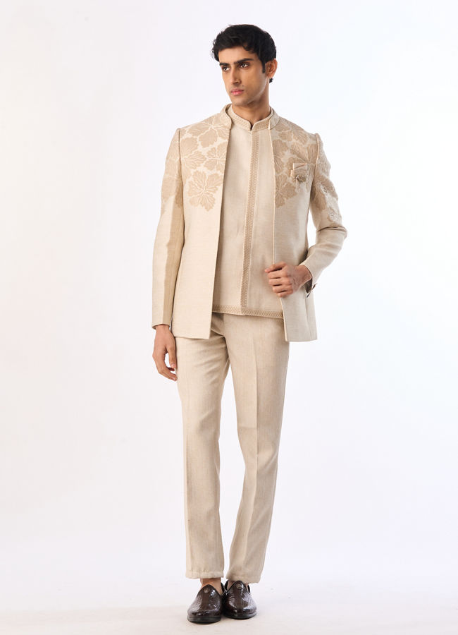 Manyavar Men Beige Art Silk Jodhpuri Suit with Embroidery