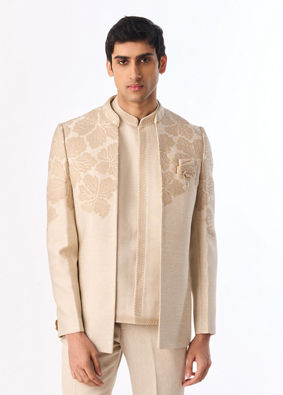Manyavar Men Beige Art Silk Jodhpuri Suit with Embroidery