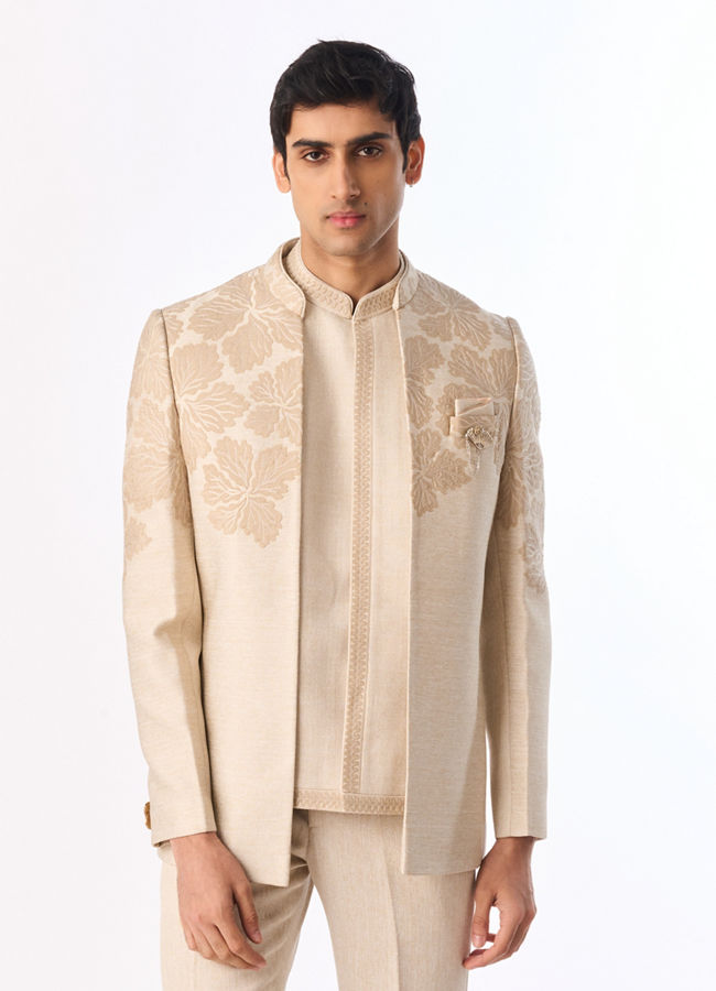 Manyavar Men Beige Art Silk Jodhpuri Suit with Embroidery