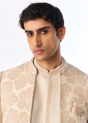Manyavar Men Beige Art Silk Jodhpuri Suit with Embroidery