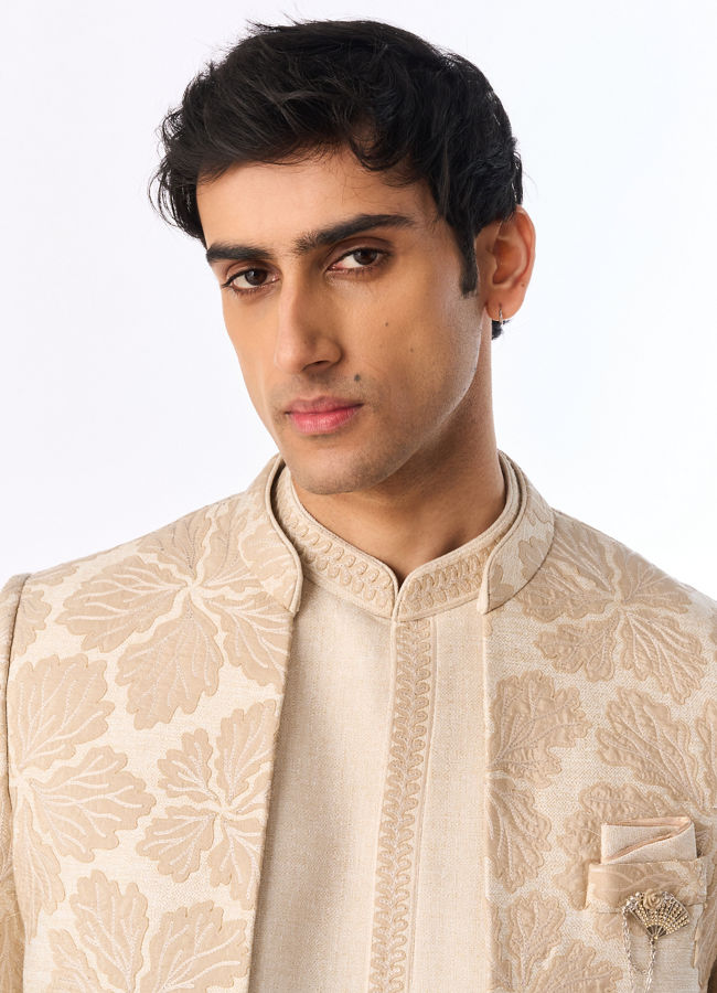 Manyavar Men Beige Art Silk Jodhpuri Suit with Embroidery