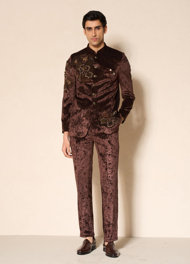 Manyavar Men Brown Velvet Jodhpuri Suit