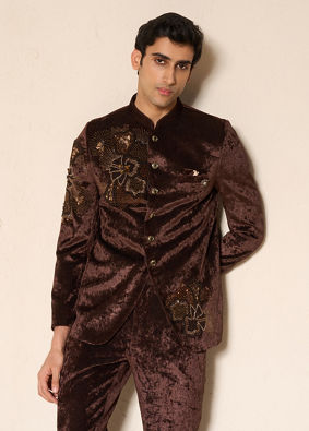 Manyavar Men Brown Velvet Jodhpuri Suit