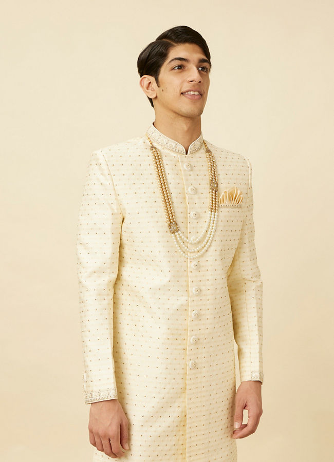 Manyavar Men Cloud Cream Sherwani Set with Rhinestone work