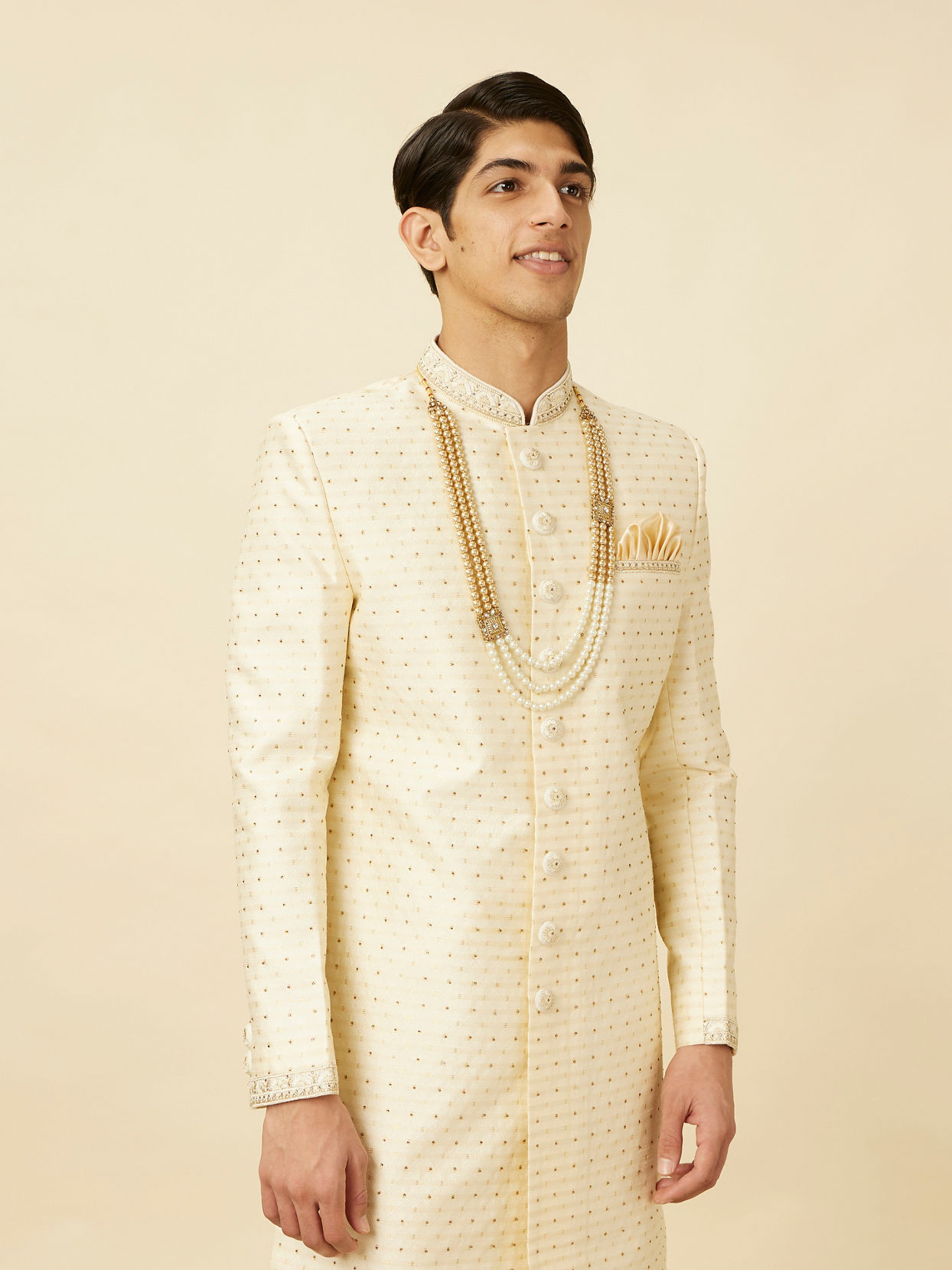 Manyavar Men Cloud Cream Sherwani Set with Rhinestone work