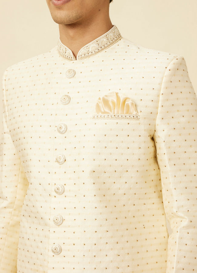 Manyavar Men Cloud Cream Sherwani Set with Rhinestone work