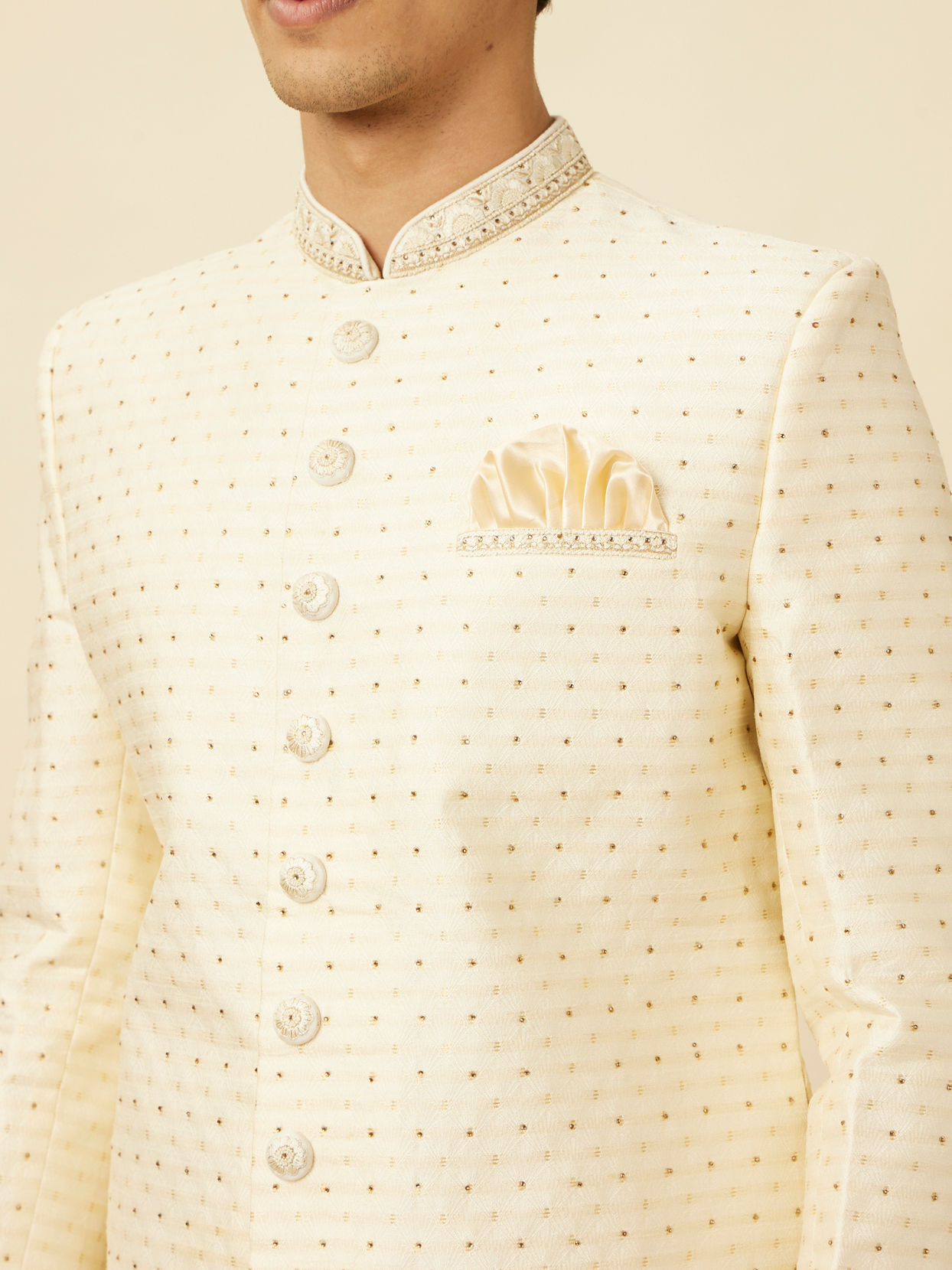 Manyavar Men Cloud Cream Sherwani Set with Rhinestone work