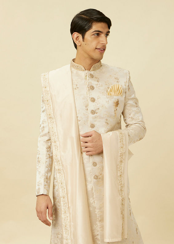 Manyavar Men Cream Pink Bel Buti Patterned Sherwani Set