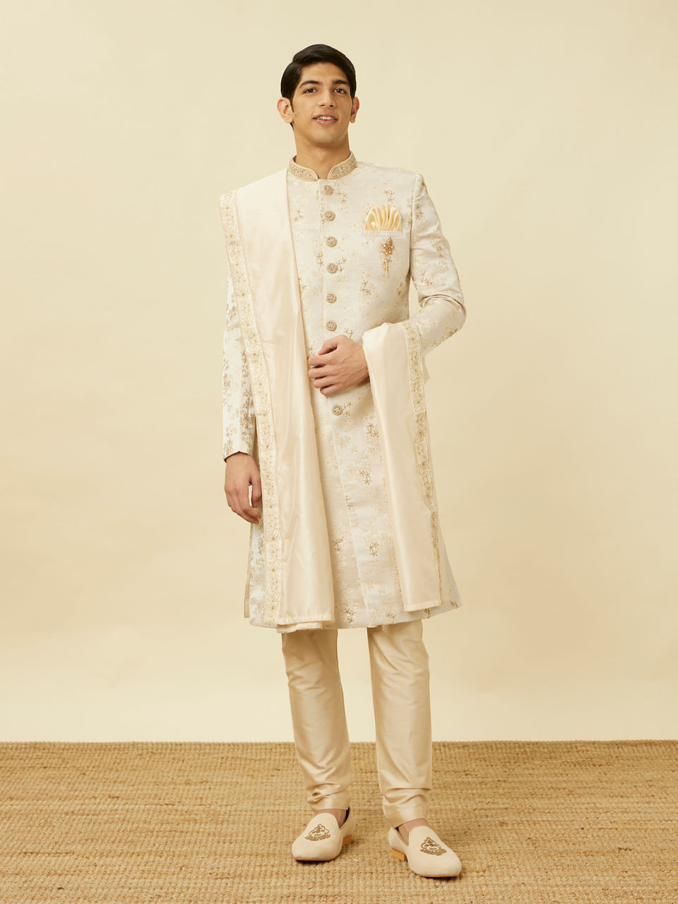 Manyavar Men Cream Pink Bel Buti Patterned Sherwani Set