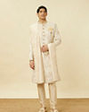 Manyavar Men Cream Pink Bel Buti Patterned Sherwani Set