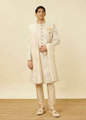 alt message - Manyavar Men Cream Pink Bel Buti Patterned Sherwani Set image number 2