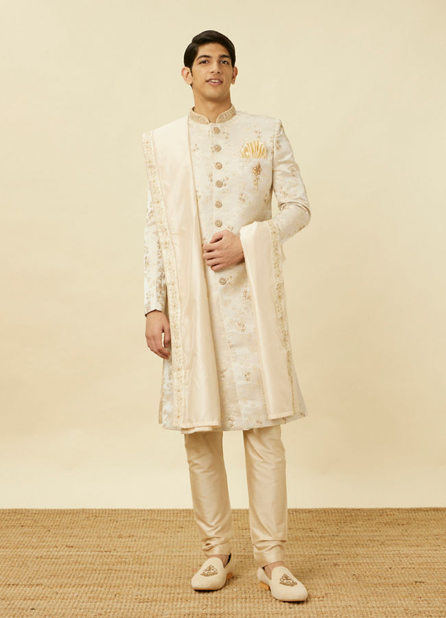 Manyavar Men Cream Pink Bel Buti Patterned Sherwani Set