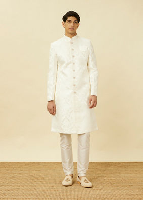 alt message - Manyavar Men Pristine White Medallion Patterned Sherwani Set image number 2