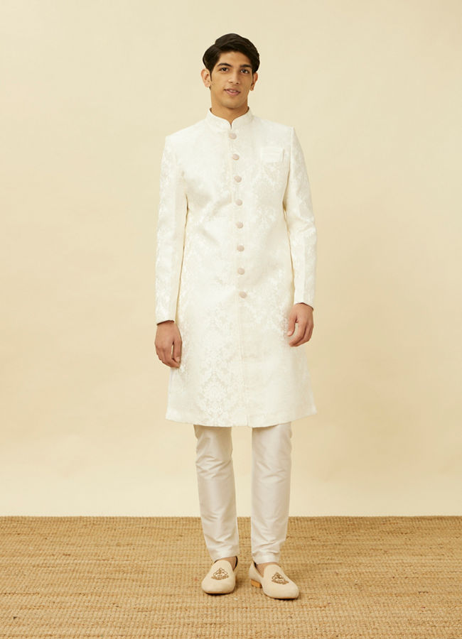 alt message - Manyavar Men Pristine White Medallion Patterned Sherwani Set image number 2