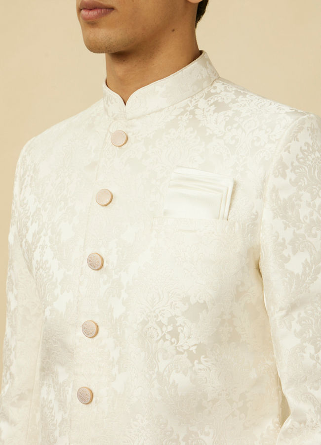 alt message - Manyavar Men Pristine White Medallion Patterned Sherwani Set image number 1