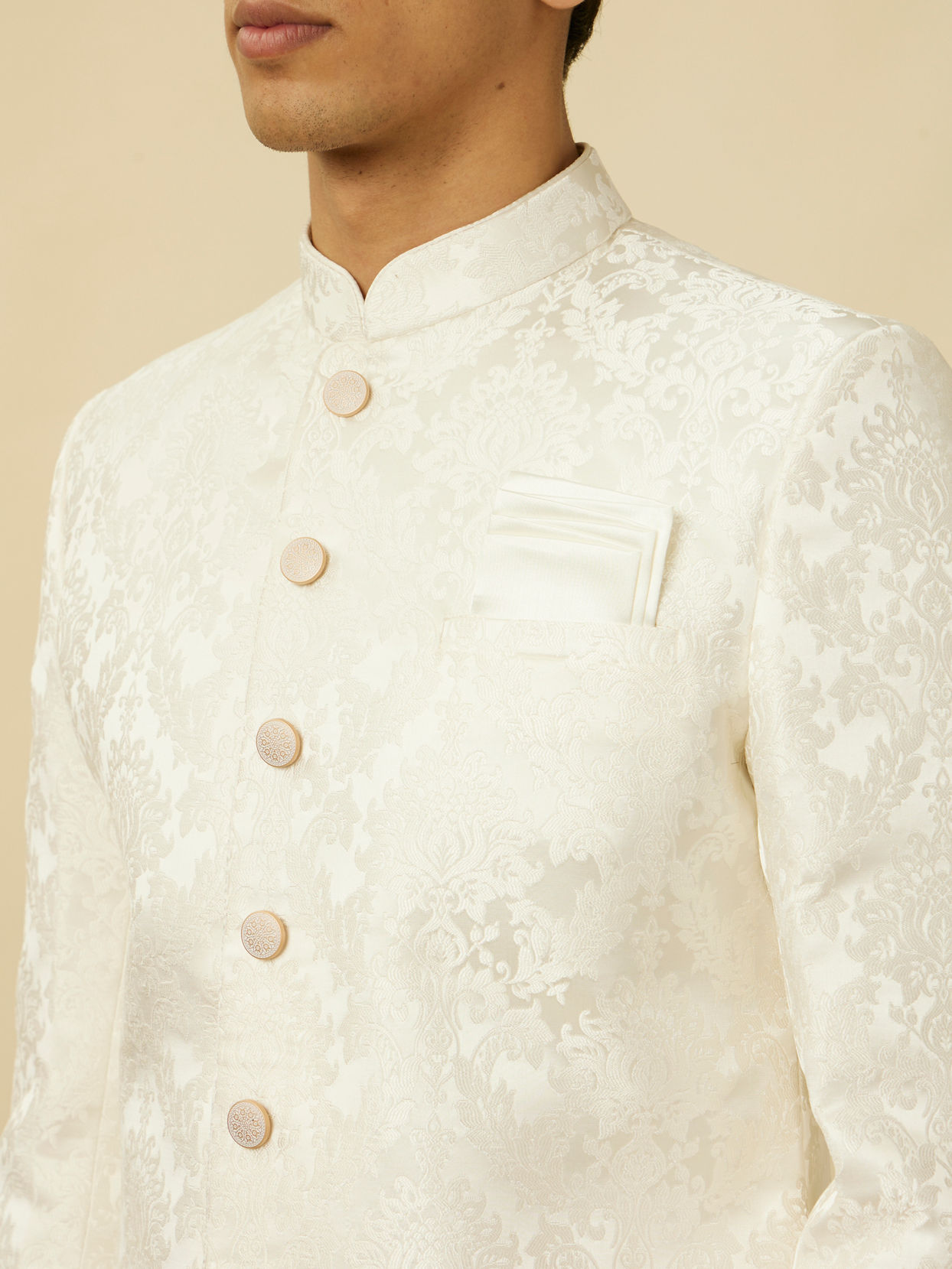 alt message - Manyavar Men Pristine White Medallion Patterned Sherwani Set image number 1