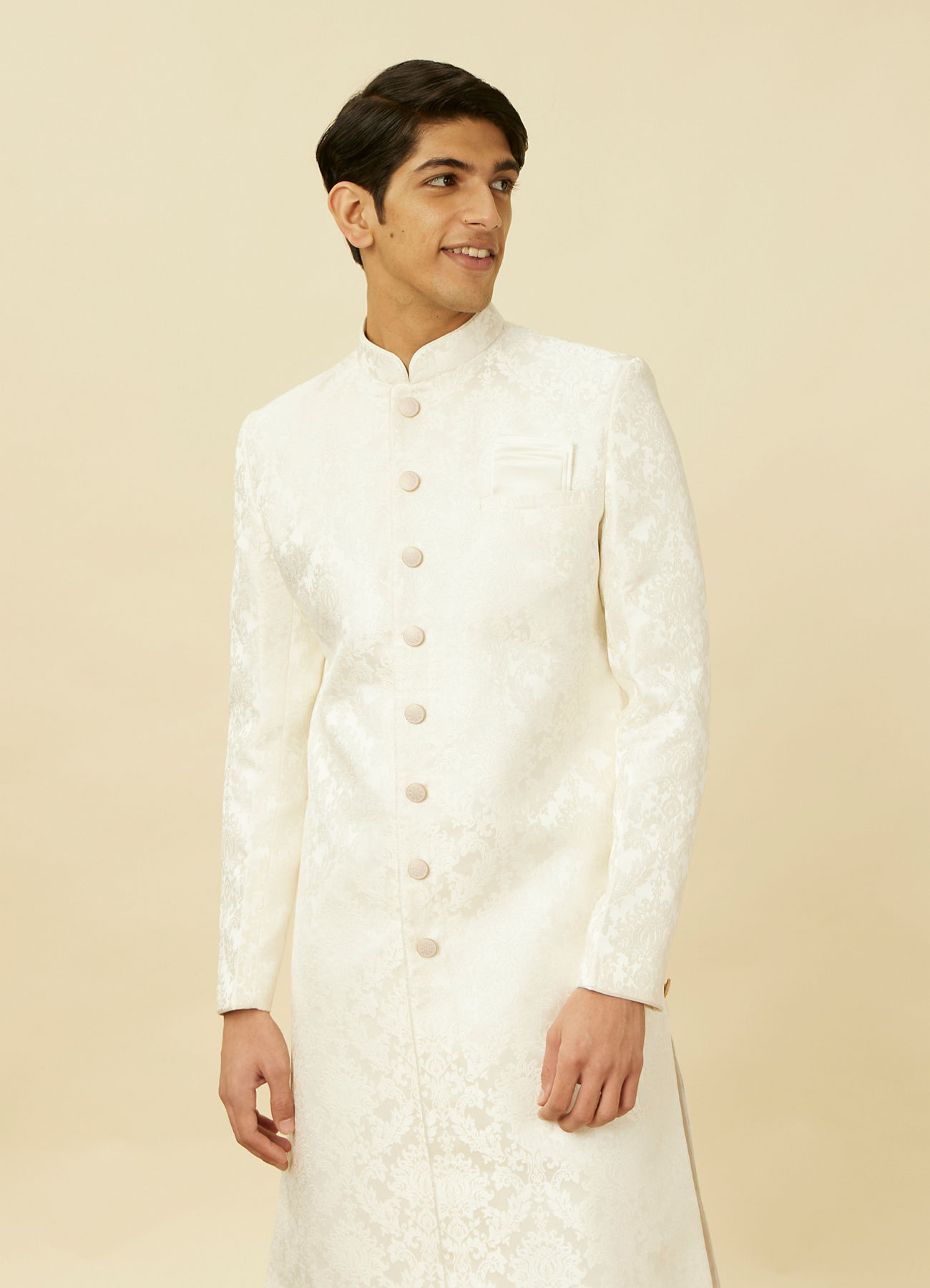 Manyavar Men Pristine White Medallion Patterned Sherwani Set