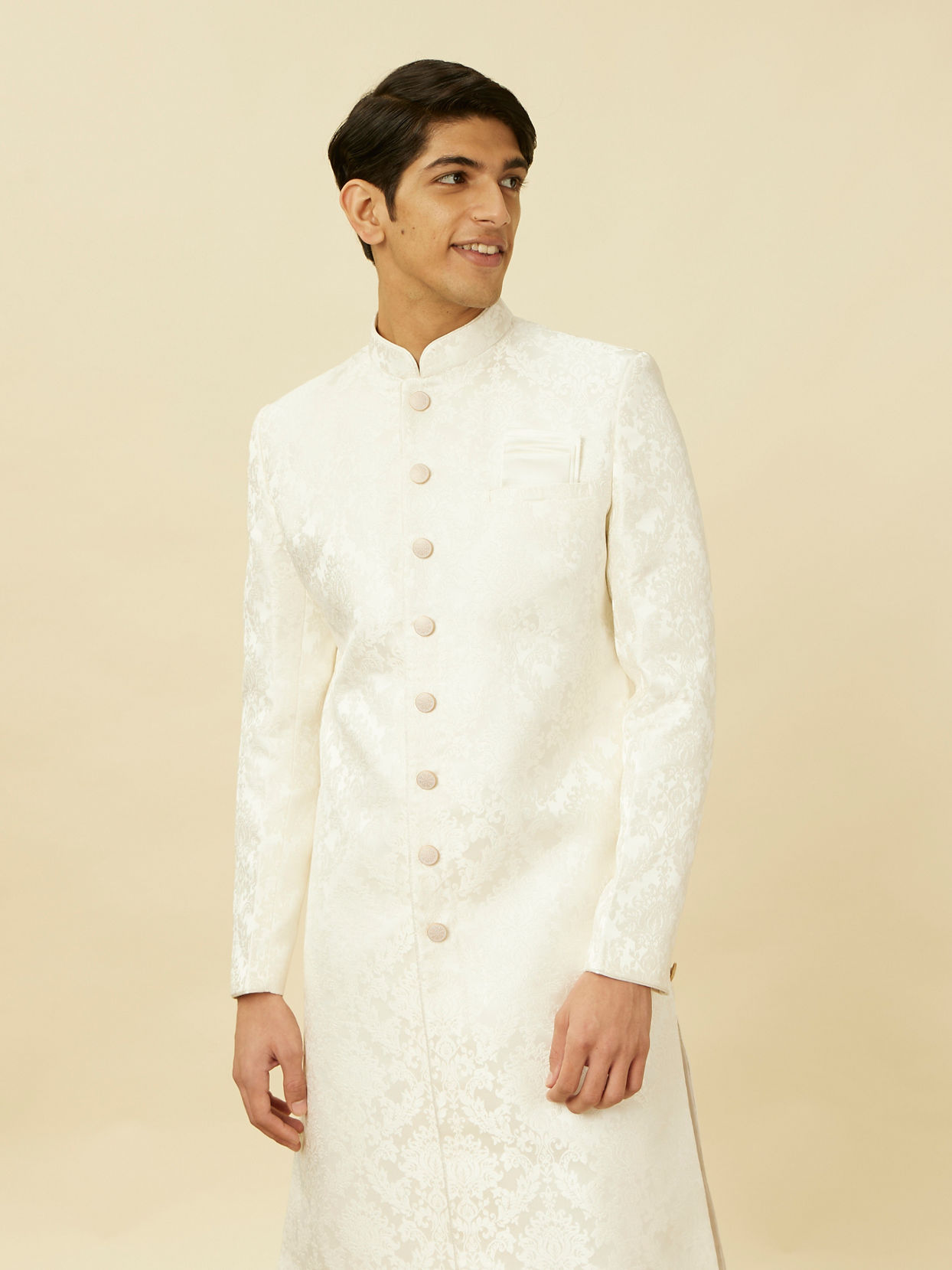 alt message - Manyavar Men Pristine White Medallion Patterned Sherwani Set image number 0