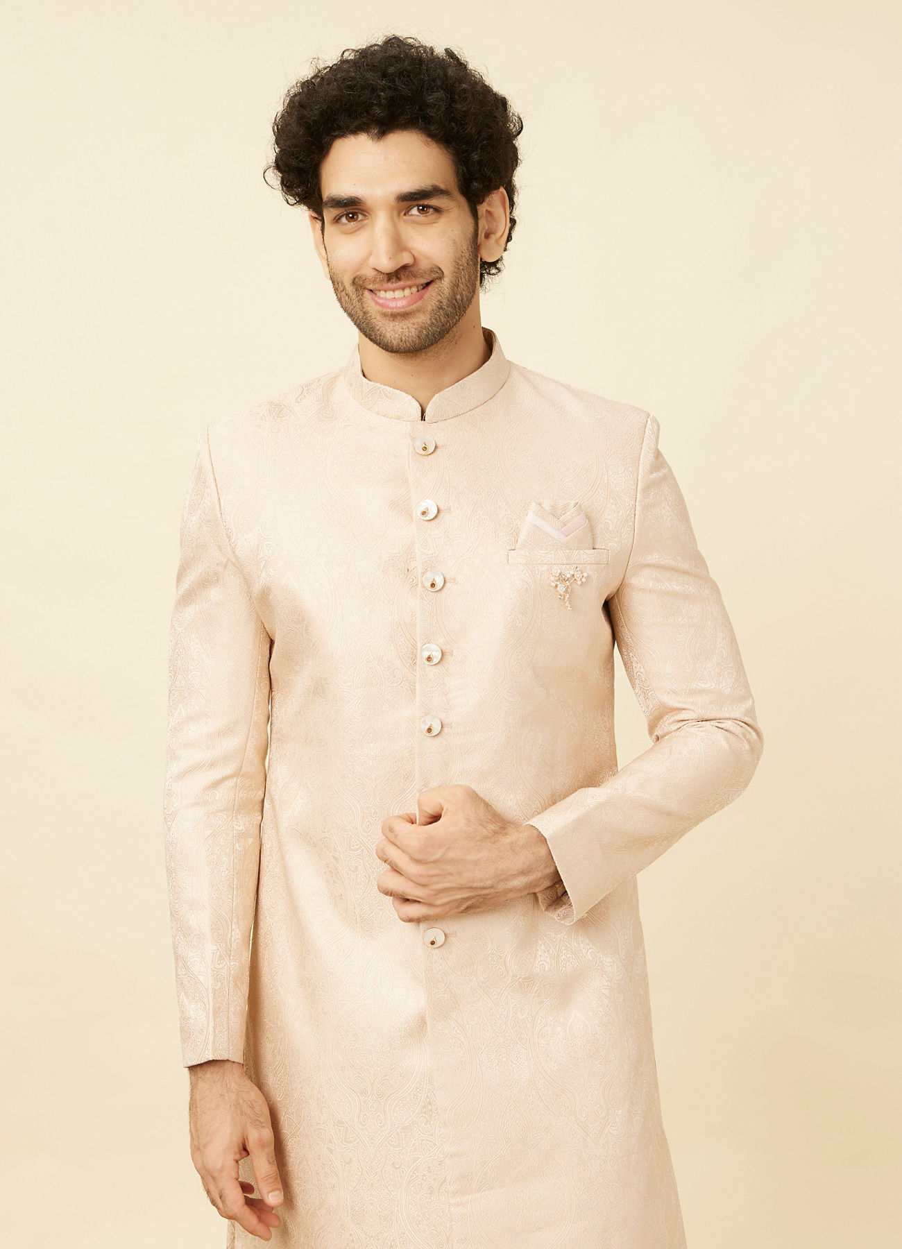 Manyavar Men Veiled Rose Pink Medallion Patterned Sherwani Set