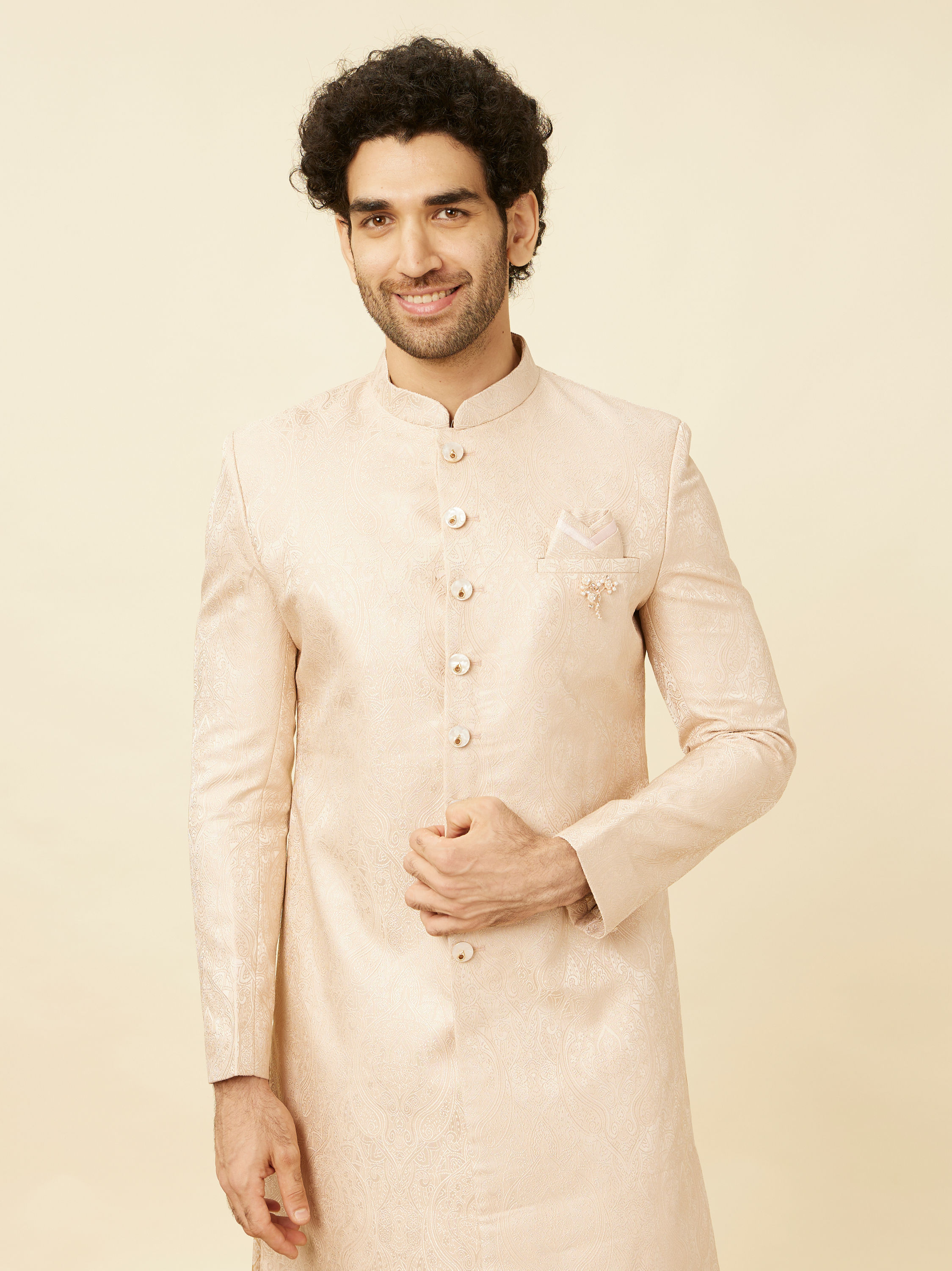 Manyavar Men Veiled Rose Pink Medallion Patterned Sherwani Set