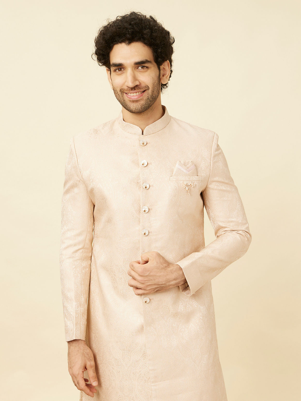 Manyavar Men Veiled Rose Pink Medallion Patterned Sherwani Set