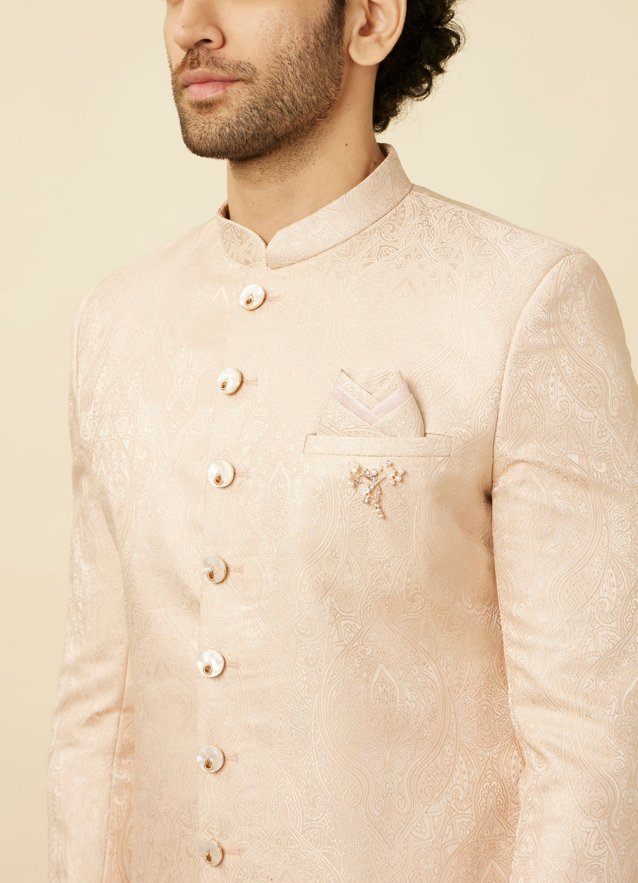 Manyavar Men Veiled Rose Pink Medallion Patterned Sherwani Set