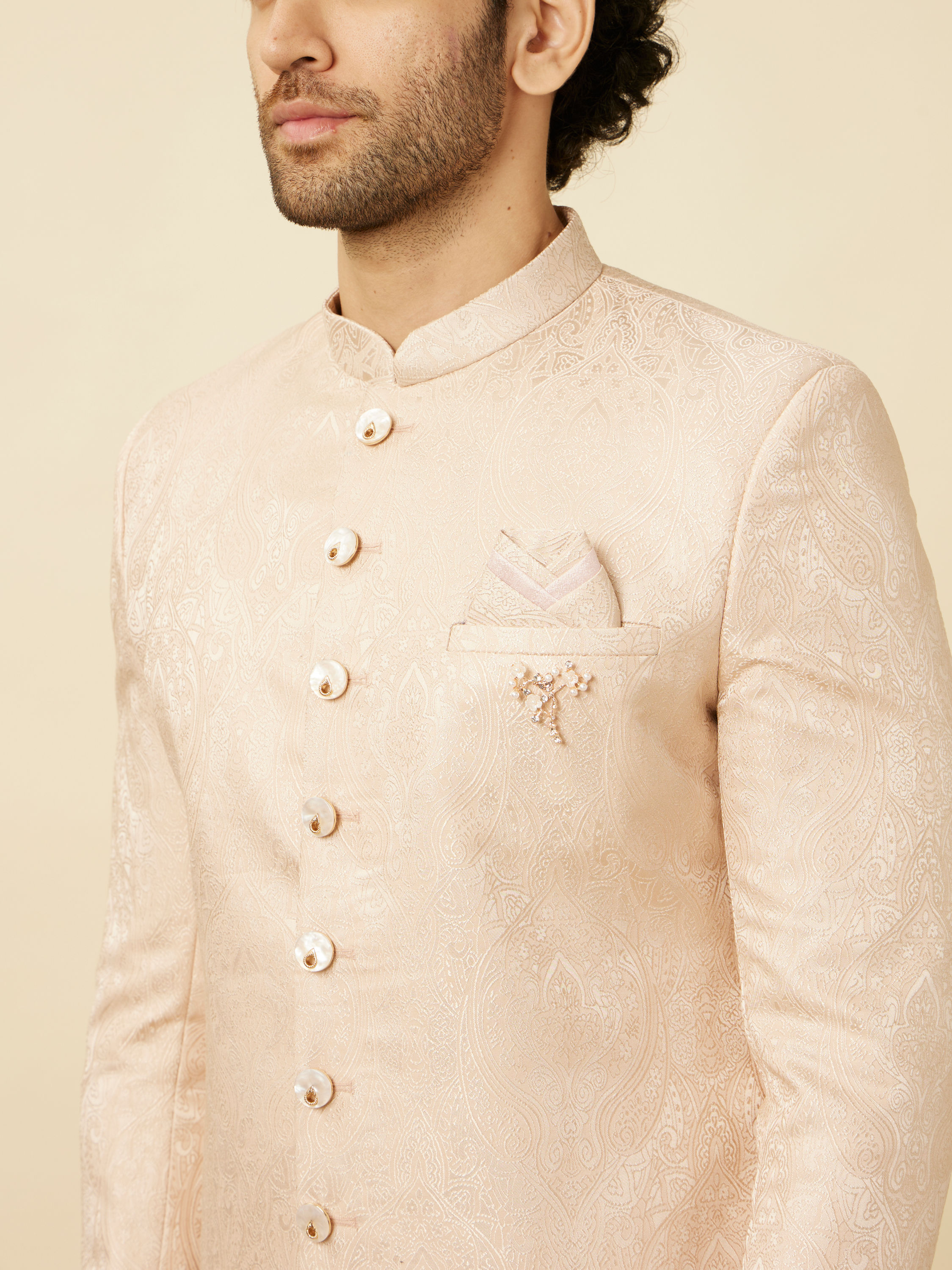 Manyavar Men Veiled Rose Pink Medallion Patterned Sherwani Set