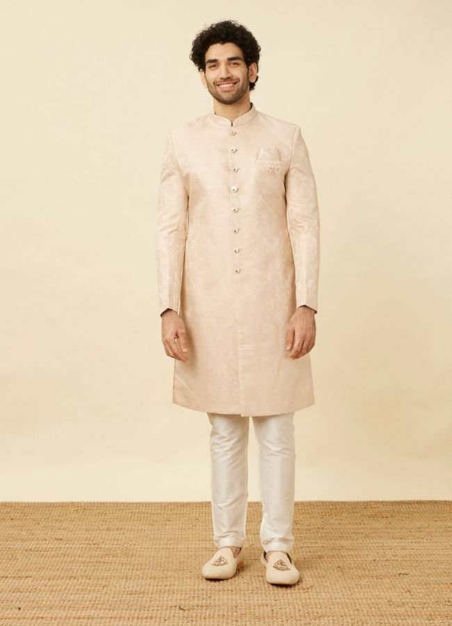 Manyavar Men Veiled Rose Pink Medallion Patterned Sherwani Set