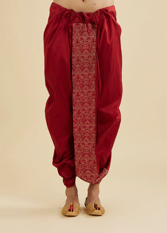 Manyavar Men Maroon Red Floral Embroidered Dhoti with Rhinestones