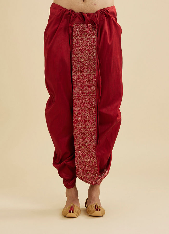 Manyavar Men Maroon Red Floral Embroidered Dhoti with Rhinestones image number 0