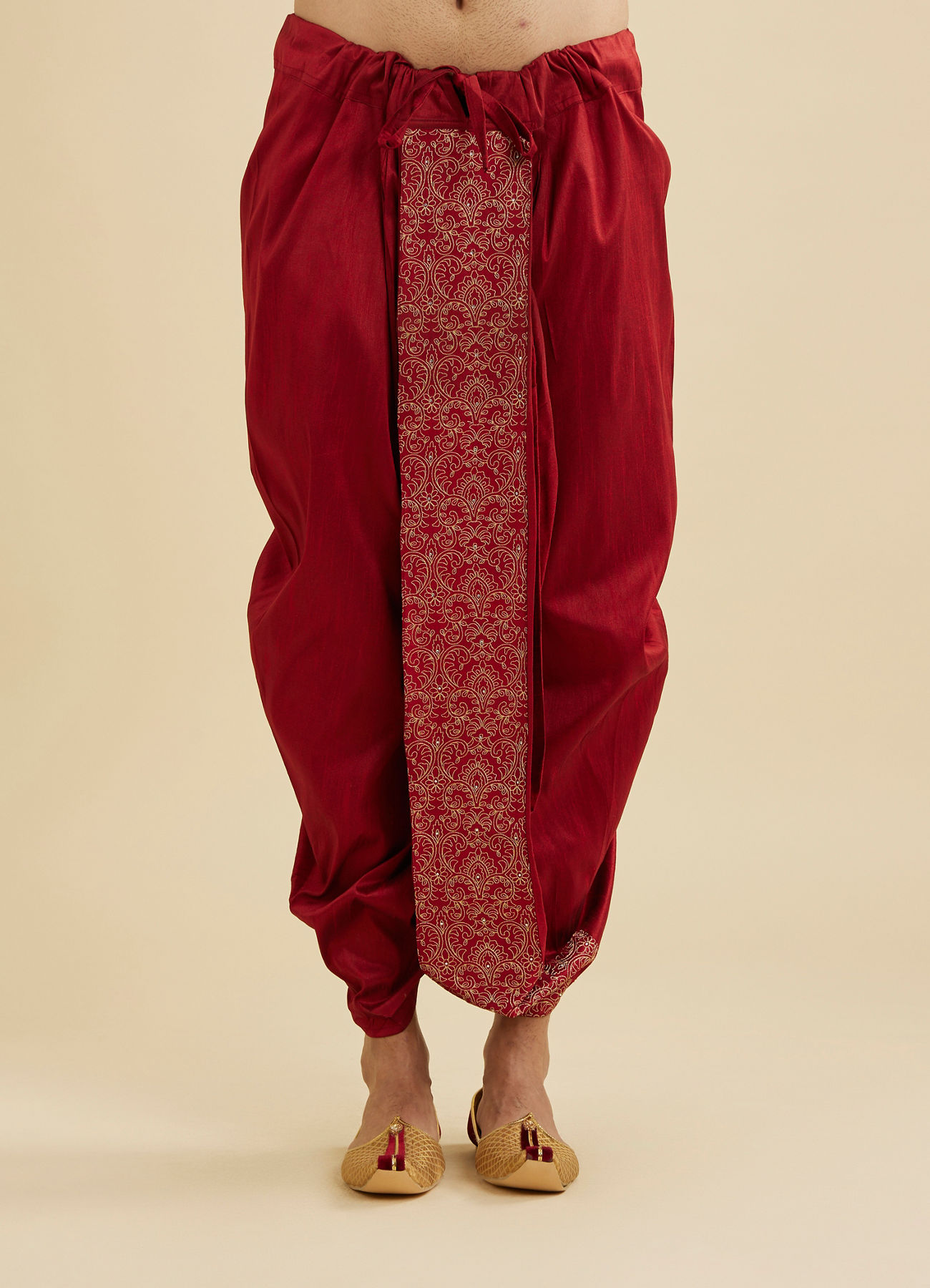 Manyavar Men Maroon Red Floral Embroidered Dhoti with Rhinestones